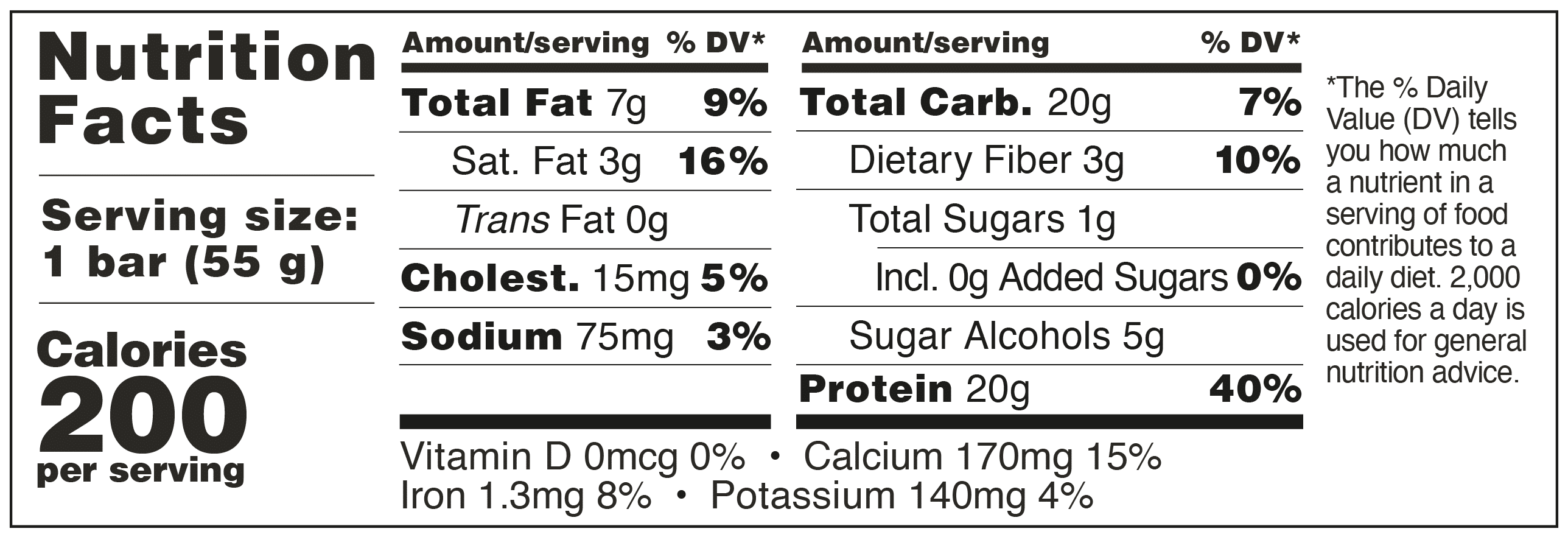 Nutrition facts label for a 55g bar with calories, fats, carbohydrates, and other nutrients.